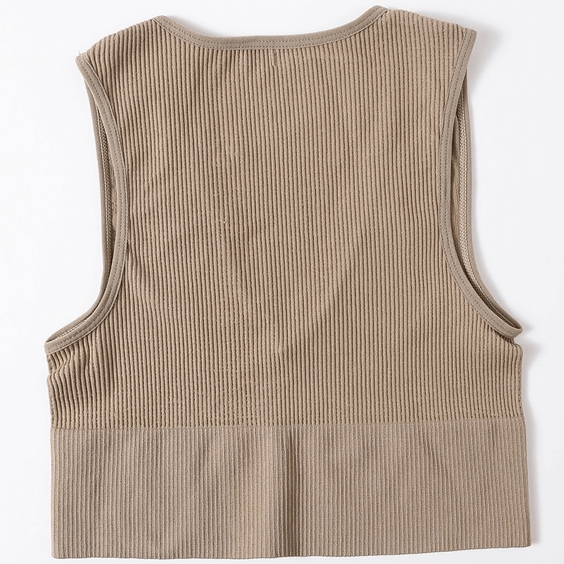 Back view of Women's Ribbed Seamless Tank Top in brown, 88% polyester and 12% spandex, perfect for sports, yoga, and active wear.